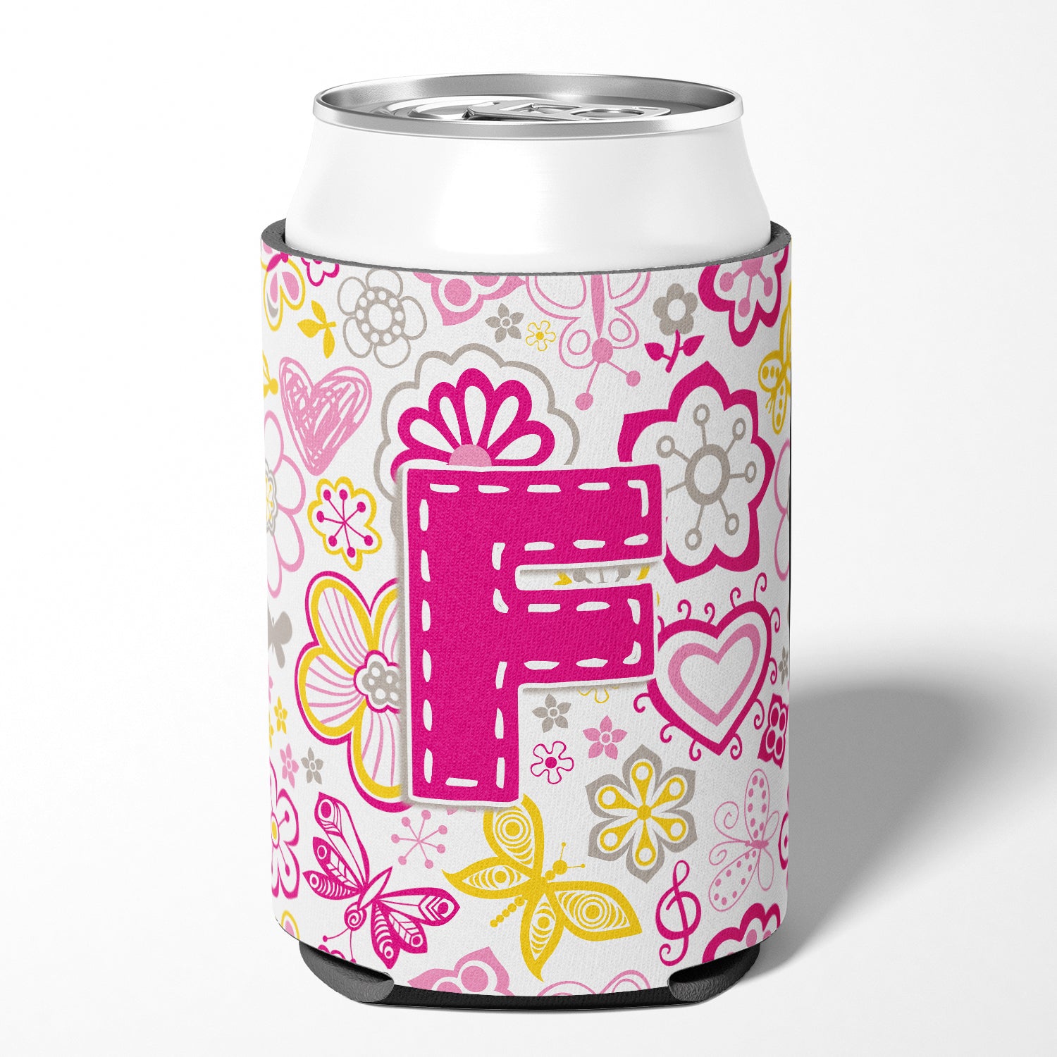 Letter F Flowers and Butterflies Pink Can or Bottle Hugger CJ2005-FCC.