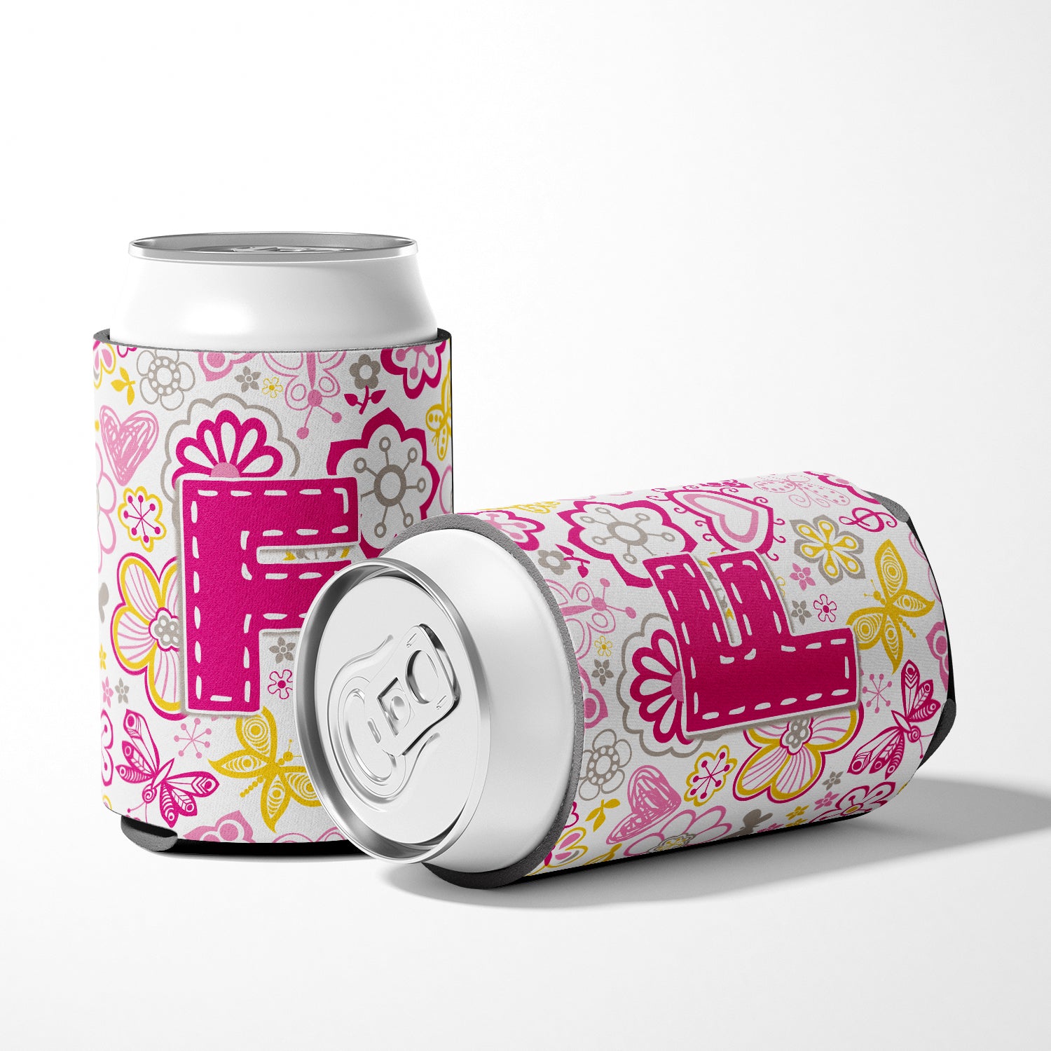 Letter F Flowers and Butterflies Pink Can or Bottle Hugger CJ2005-FCC.