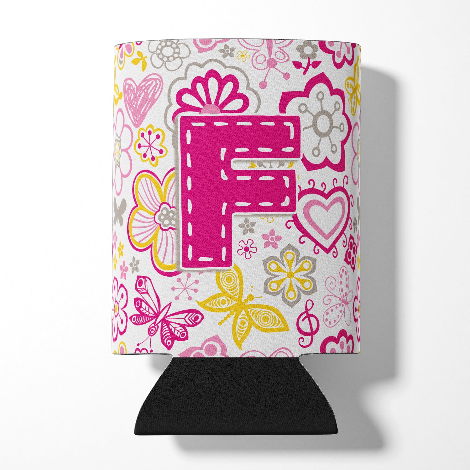 Letter F Flowers and Butterflies Pink Can or Bottle Hugger CJ2005-FCC