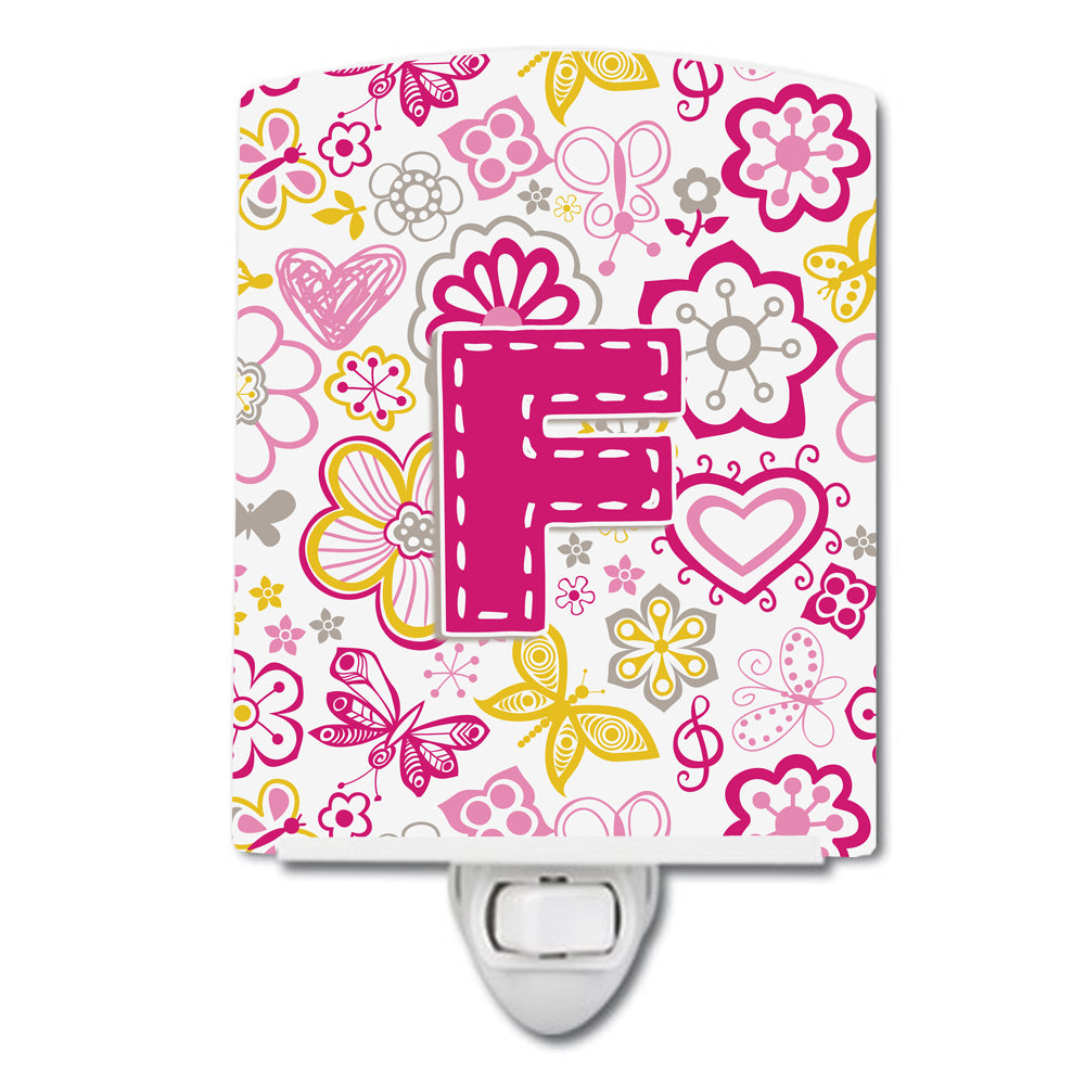 Letter F Flowers and Butterflies Pink Ceramic Night Light CJ2005-FCNL - the-store.com