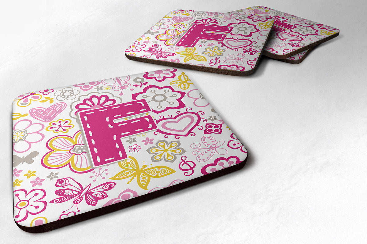 Set of 4 Letter F Flowers and Butterflies Pink Foam Coasters CJ2005-FFC - the-store.com