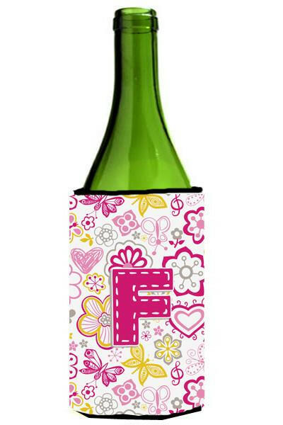 Letter F Flowers and Butterflies Pink Wine Bottle Beverage Insulator Hugger CJ2005-FLITERK by Caroline&#39;s Treasures