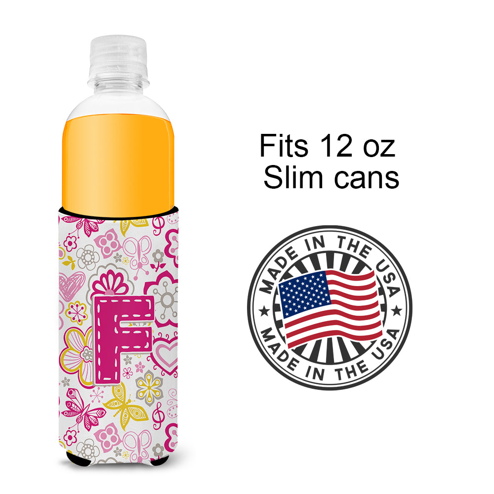 Letter F Flowers and Butterflies Pink Ultra Beverage Insulators for slim cans CJ2005-FMUK.