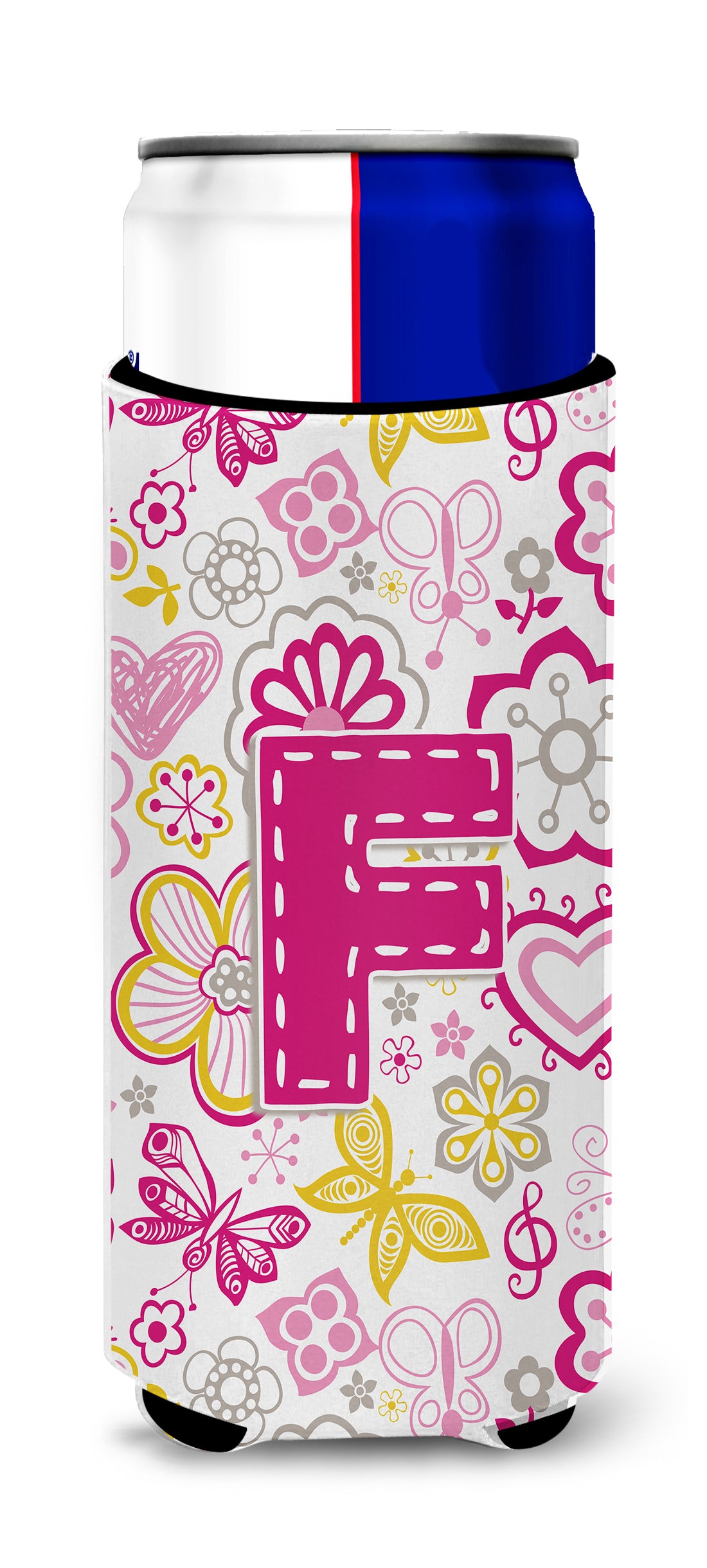 Letter F Flowers and Butterflies Pink Ultra Beverage Insulators for slim cans CJ2005-FMUK.