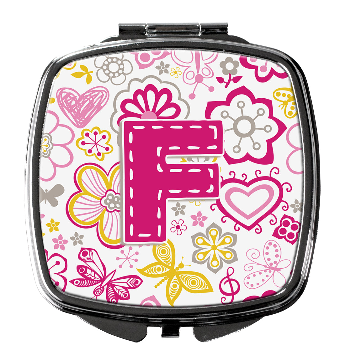 Caroline's Treasures Letter F Flowers and Butterflies Pink Compact Mirror – Stylish Purse Mirror with Artistic Covers CJ2005-FSCM