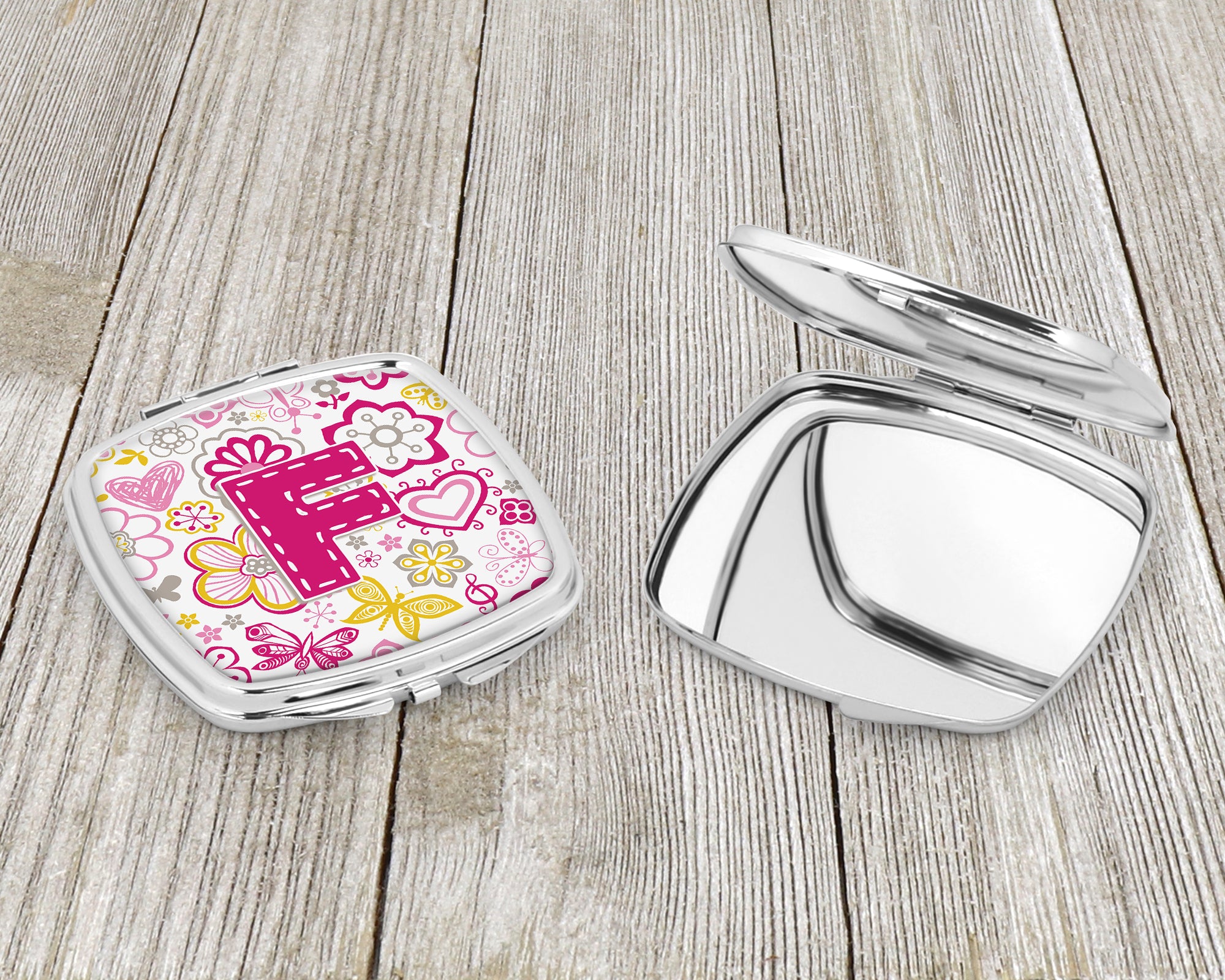 Letter F Flowers and Butterflies Pink Compact Mirror CJ2005-FSCM