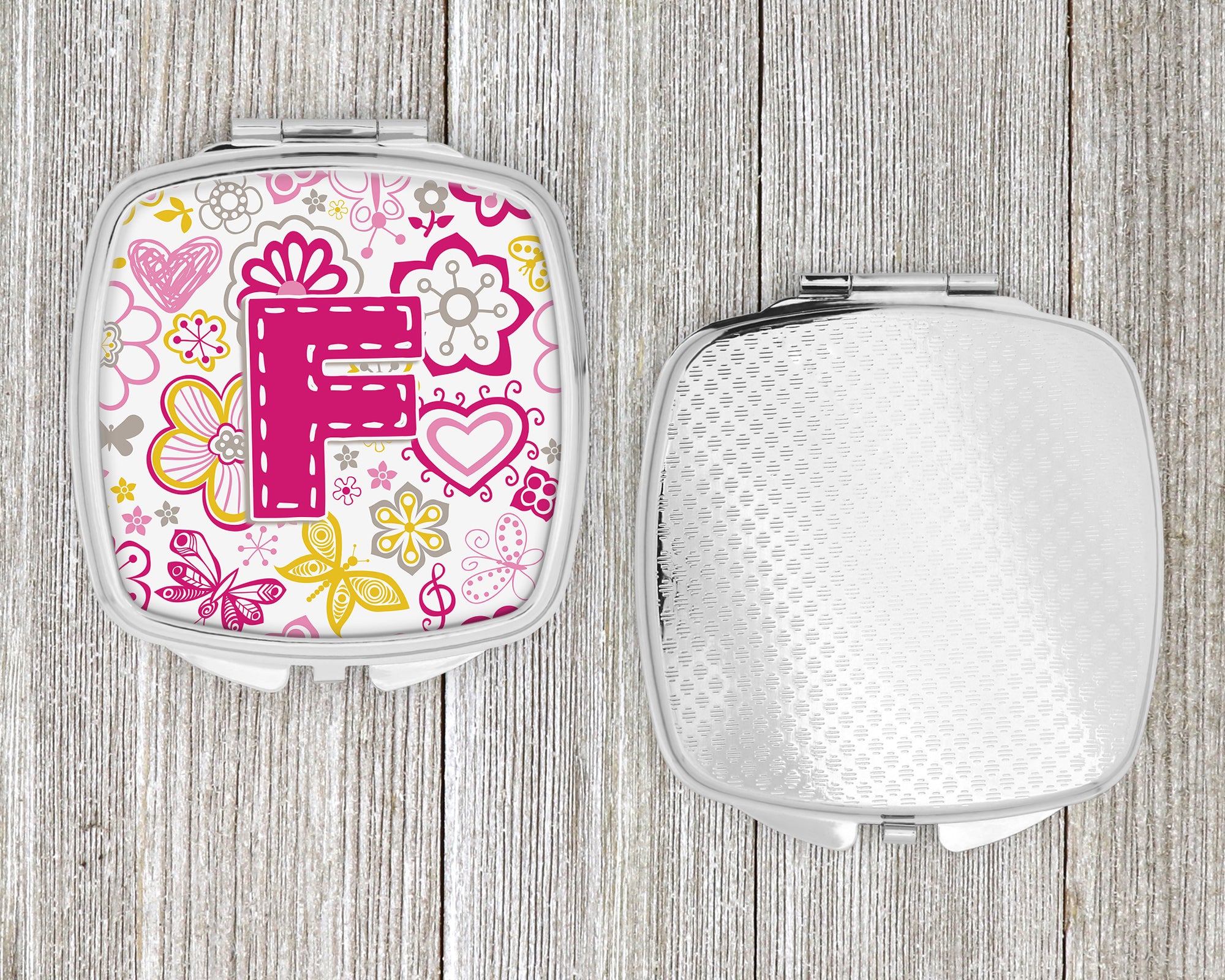 Letter F Flowers and Butterflies Pink Compact Mirror CJ2005-FSCM  the-store.com.