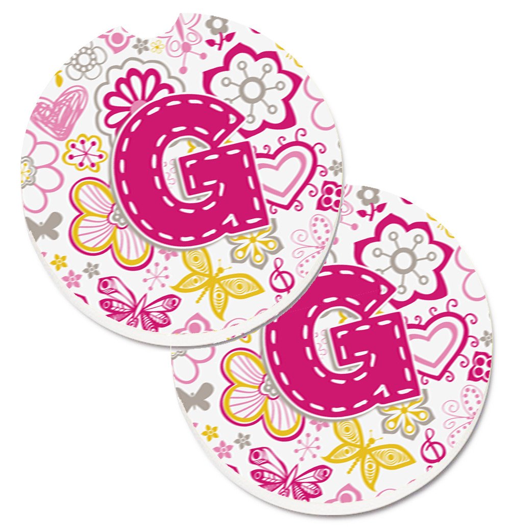Letter G Flowers and Butterflies Pink Set of 2 Cup Holder Car Coasters CJ2005-GCARC by Caroline's Treasures