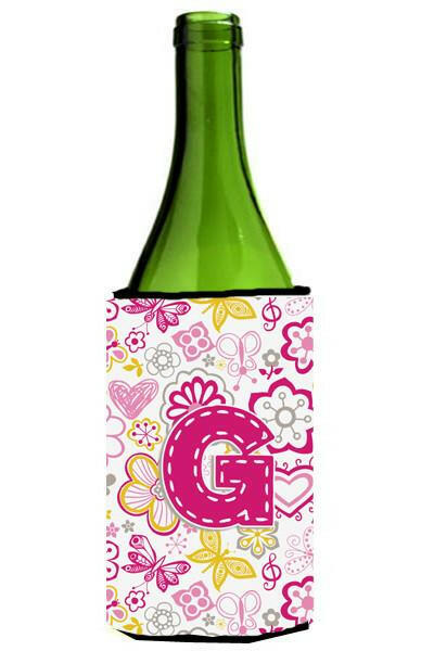 Letter G Flowers and Butterflies Pink Wine Bottle Beverage Insulator Hugger CJ2005-GLITERK by Caroline&#39;s Treasures