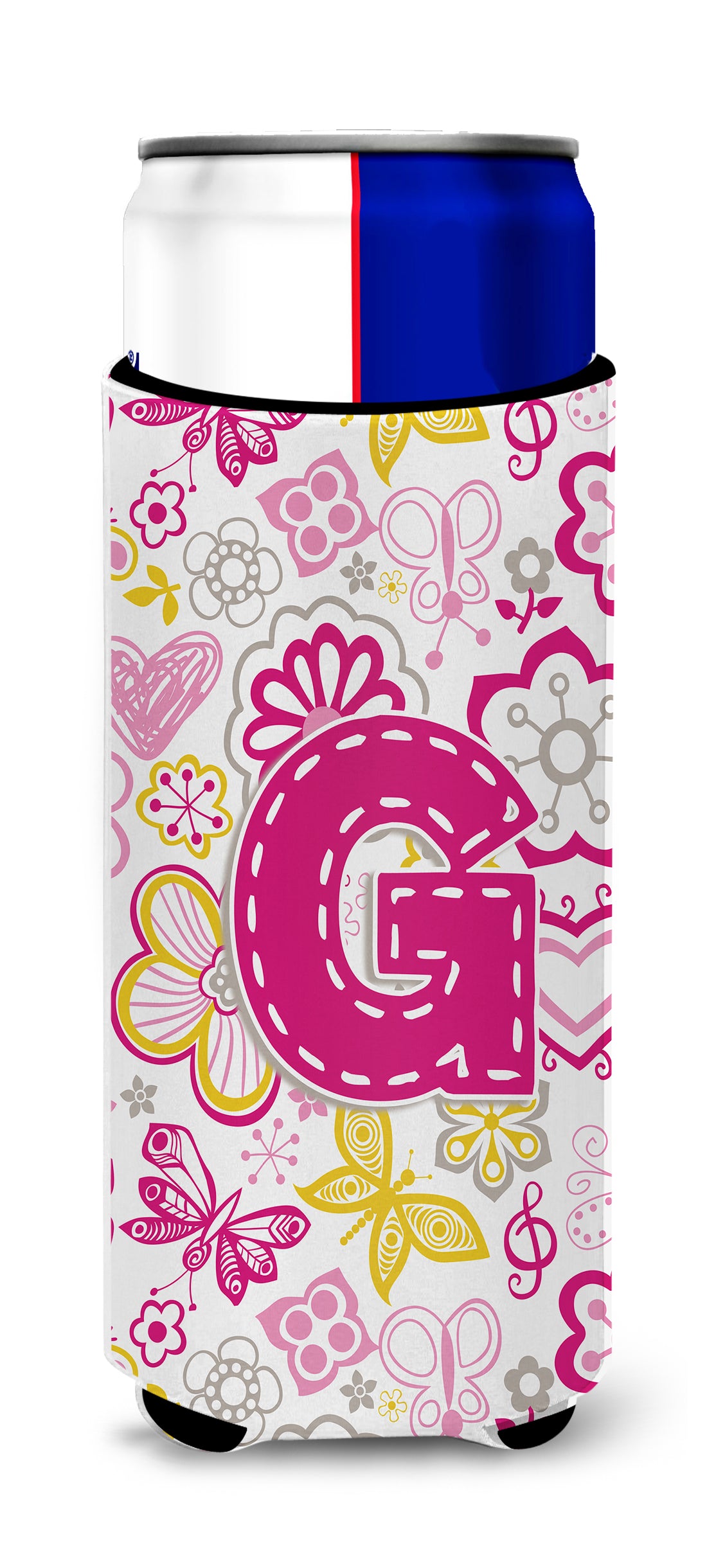Letter G Flowers and Butterflies Pink Ultra Beverage Insulators for slim cans CJ2005-GMUK.