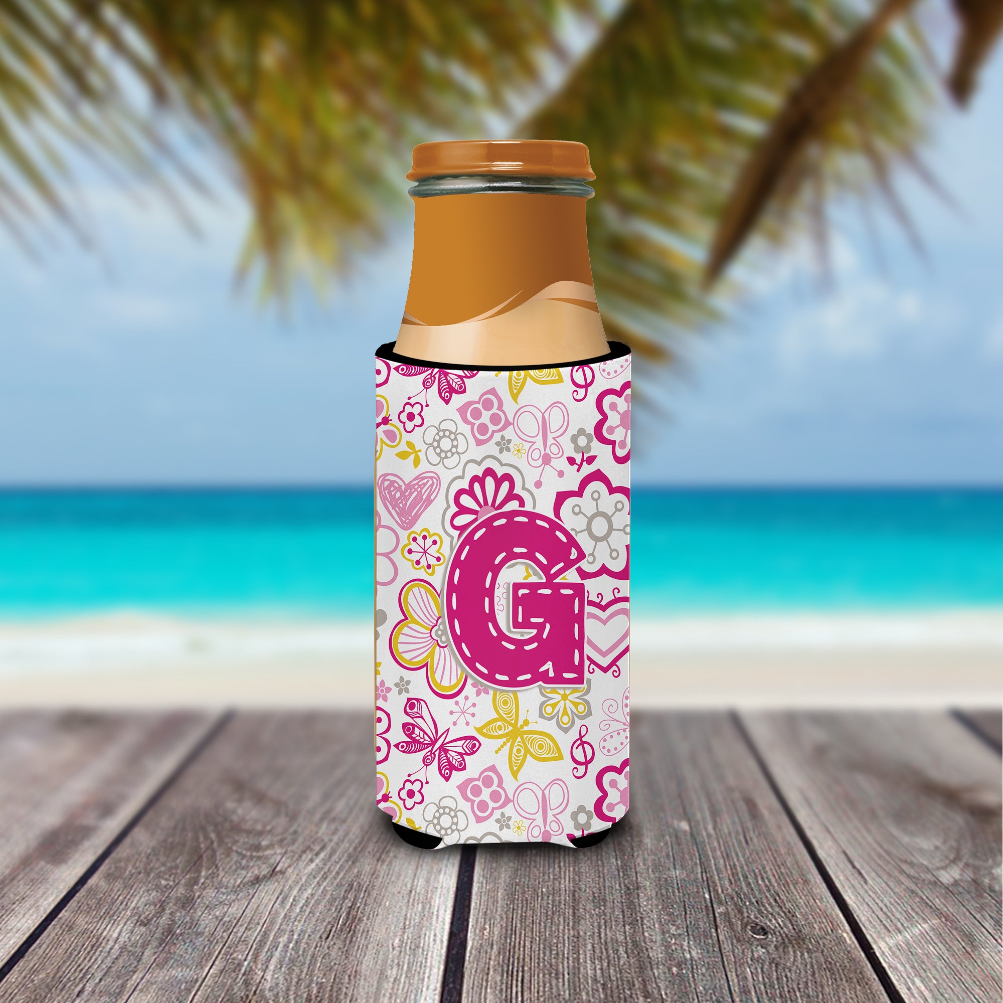 Letter G Flowers and Butterflies Pink Ultra Beverage Insulators for slim cans CJ2005-GMUK.