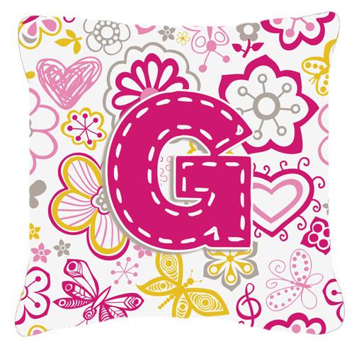 Letter G Flowers and Butterflies Pink Canvas Fabric Decorative Pillow by Caroline&#39;s Treasures