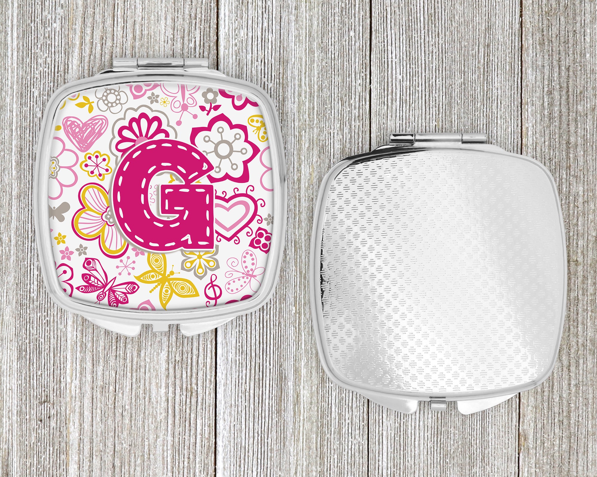Letter G Flowers and Butterflies Pink Compact Mirror CJ2005-GSCM