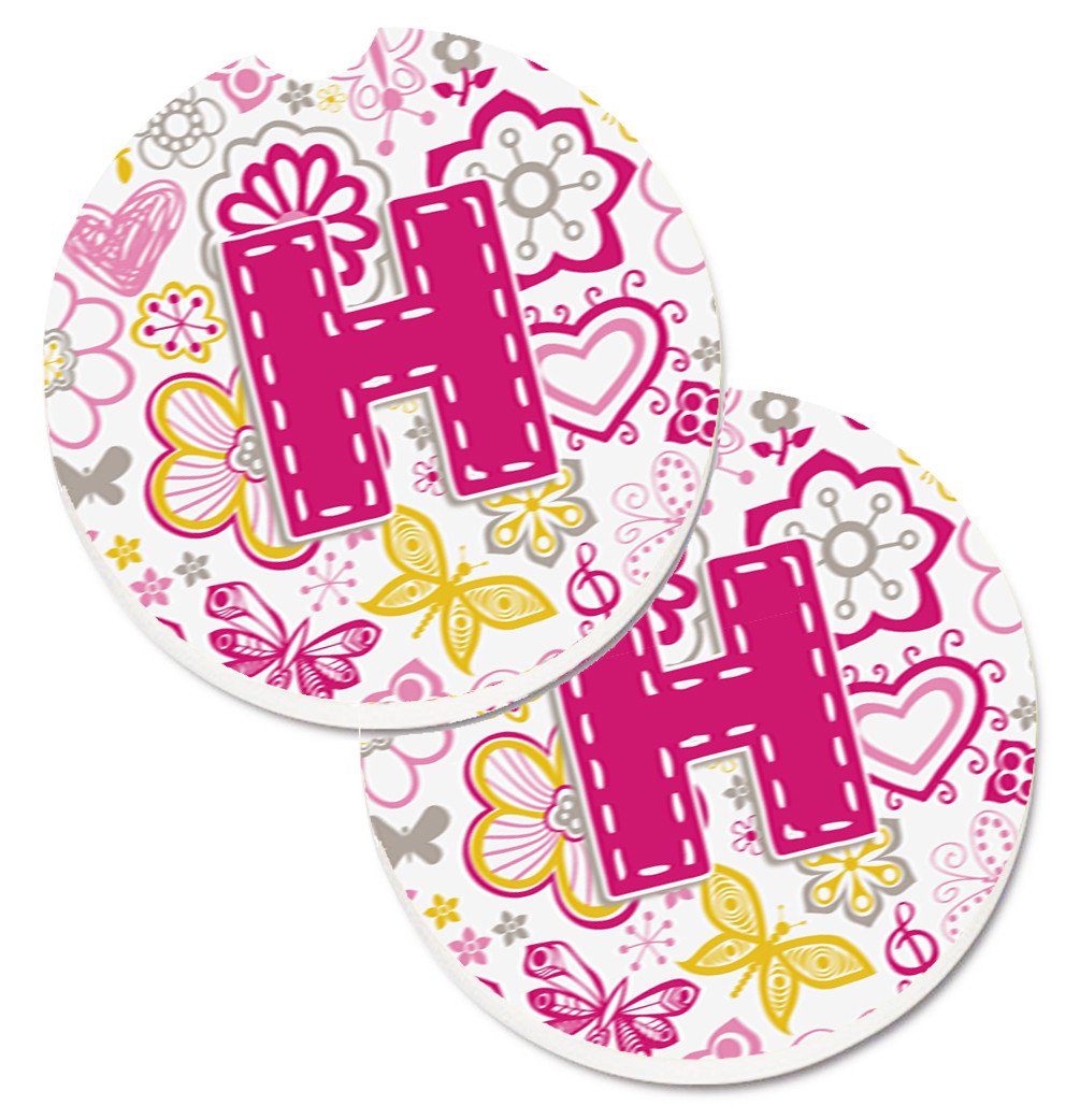 Letter H Flowers and Butterflies Pink Set of 2 Cup Holder Car Coasters CJ2005-HCARC by Caroline&#39;s Treasures
