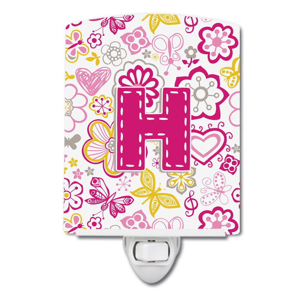 Letter H Flowers and Butterflies Pink Ceramic Night Light CJ2005-HCNL - the-store.com