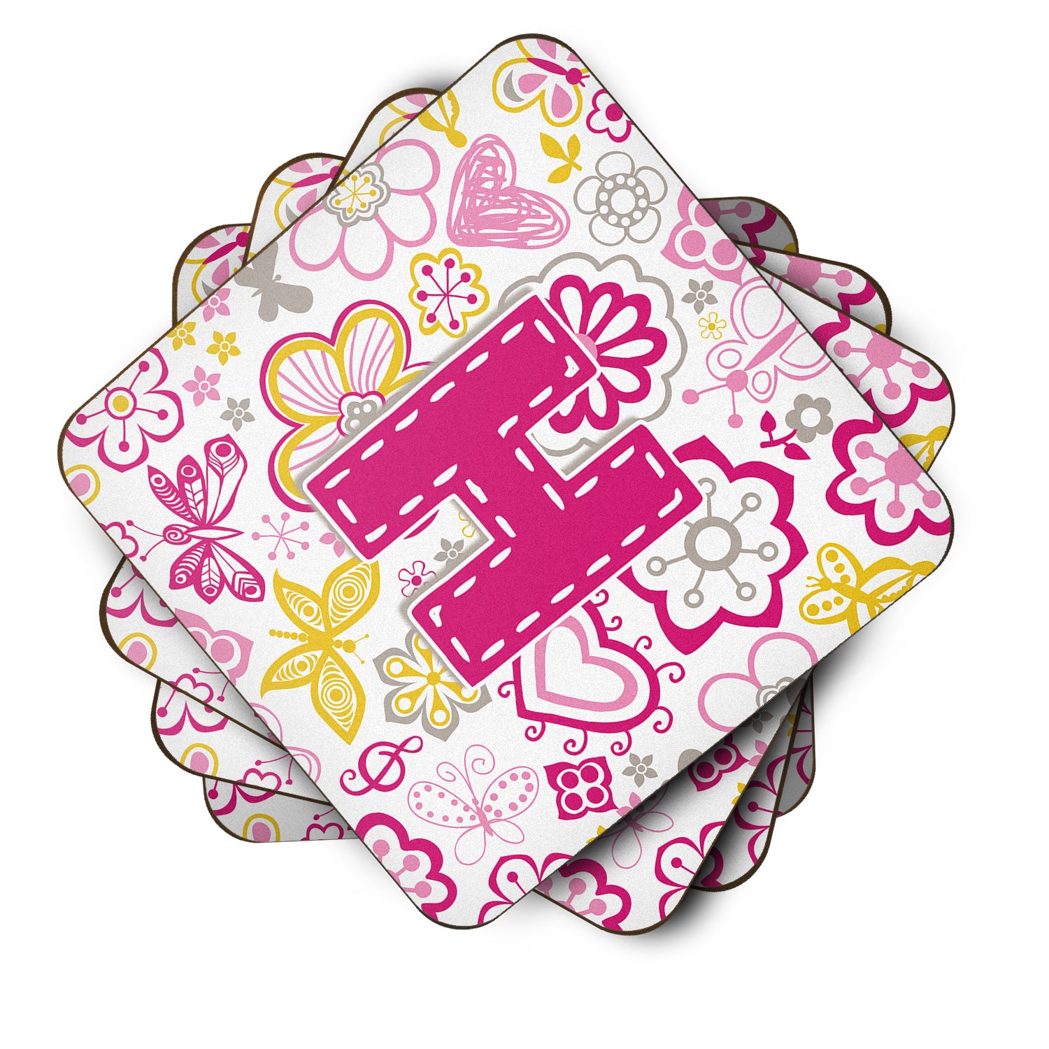 Set of 4 Letter H Flowers and Butterflies Pink Foam Coasters CJ2005-HFC - the-store.com