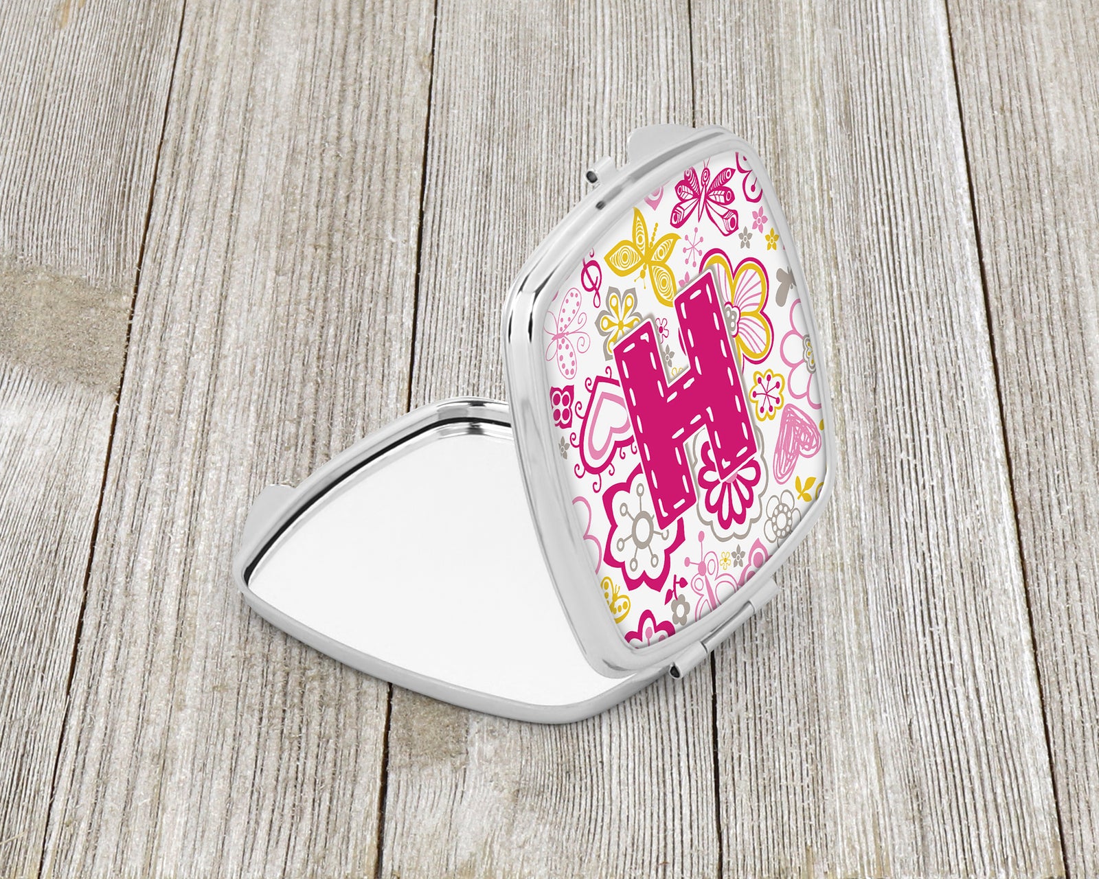 Caroline's Treasures Letter H Flowers and Butterflies Pink Compact Mirror – Stylish Purse Mirror with Artistic Covers CJ2005-HSCM