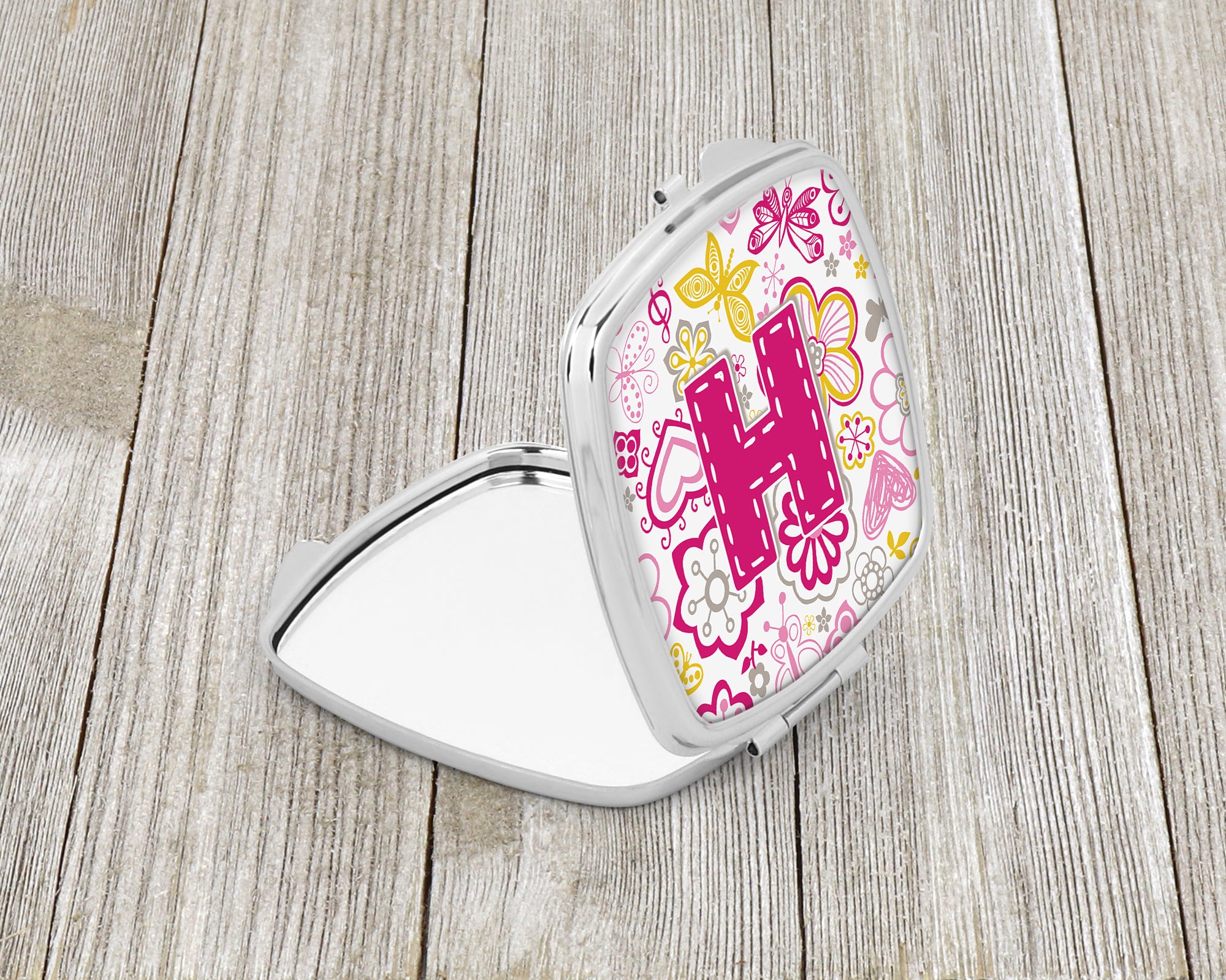 Letter H Flowers and Butterflies Pink Compact Mirror CJ2005-HSCM