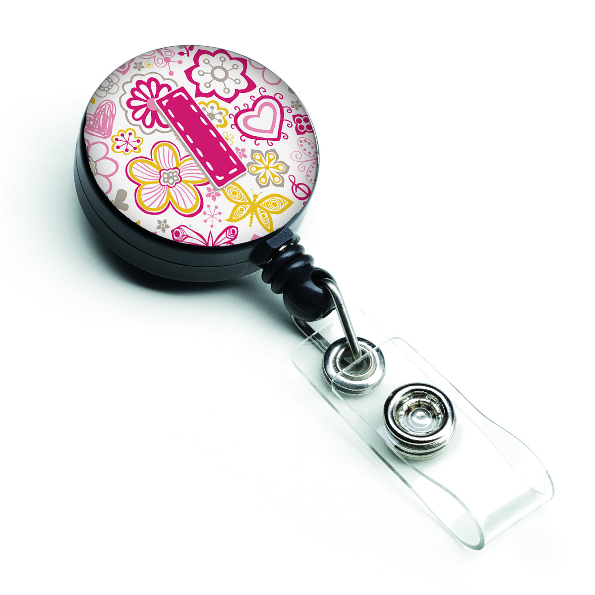 Letter I Flowers and Butterflies Pink Retractable Badge Reel CJ2005-IBR