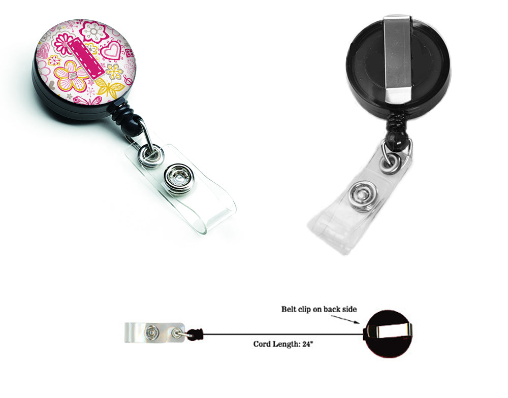 Caroline's Treasures Letter I Flowers and Butterflies Pink Retractable Badge Reel CJ2005-IBR