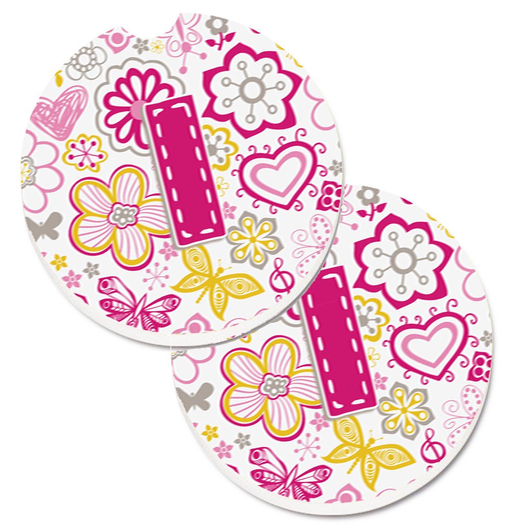 Letter I Flowers and Butterflies Pink Set of 2 Cup Holder Car Coasters CJ2005-ICARC by Caroline's Treasures