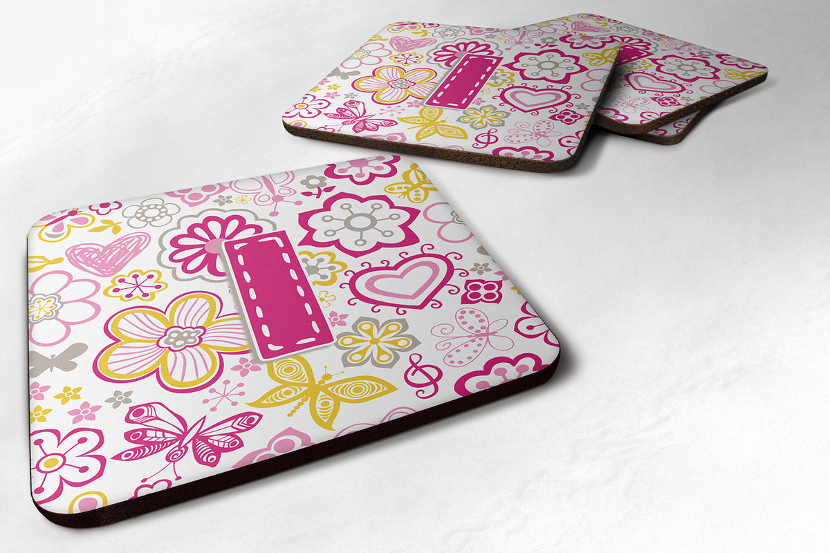 Set of 4 Letter I Flowers and Butterflies Pink Foam Coasters CJ2005-IFC - the-store.com