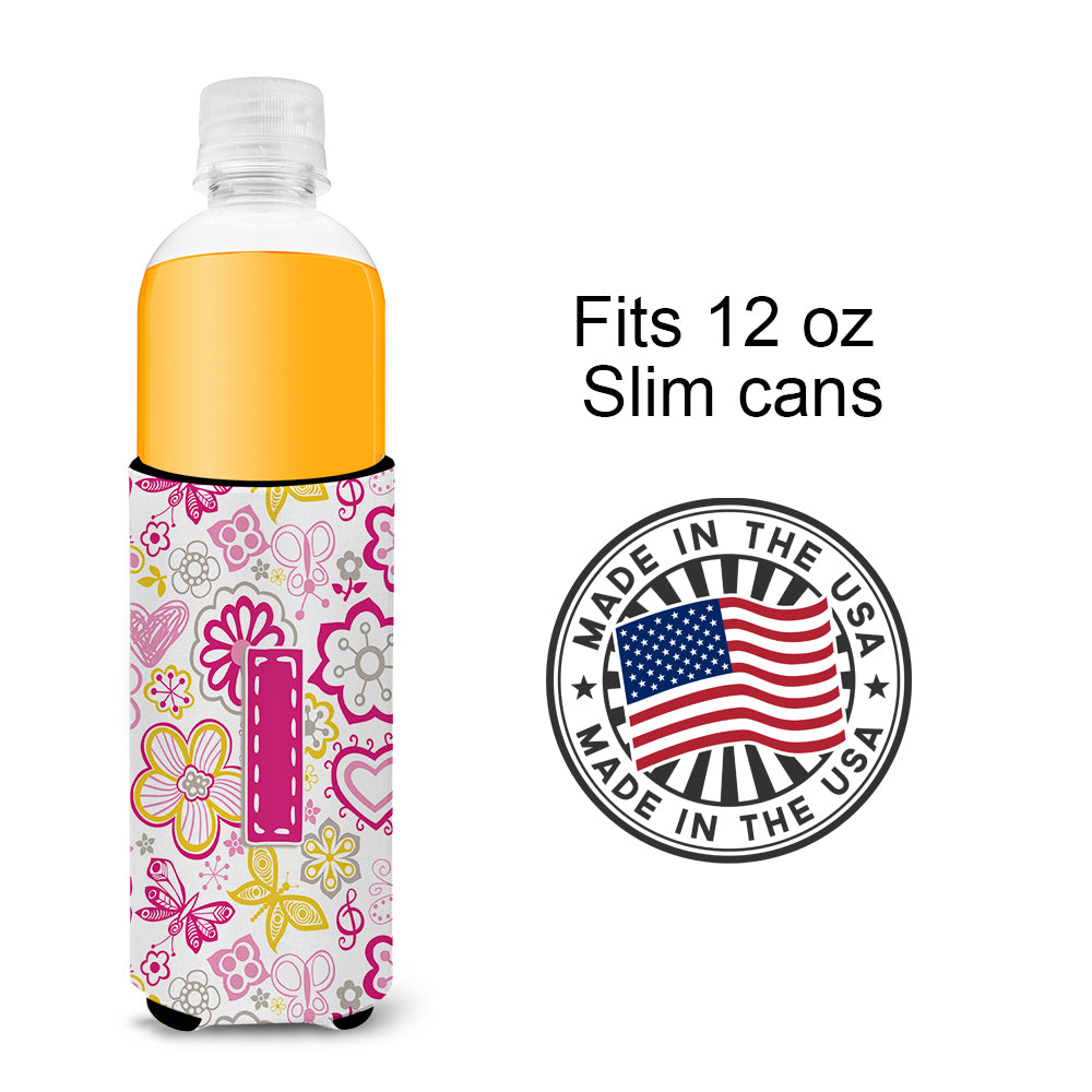 Letter I Flowers and Butterflies Pink Ultra Beverage Insulators for slim cans CJ2005-IMUK