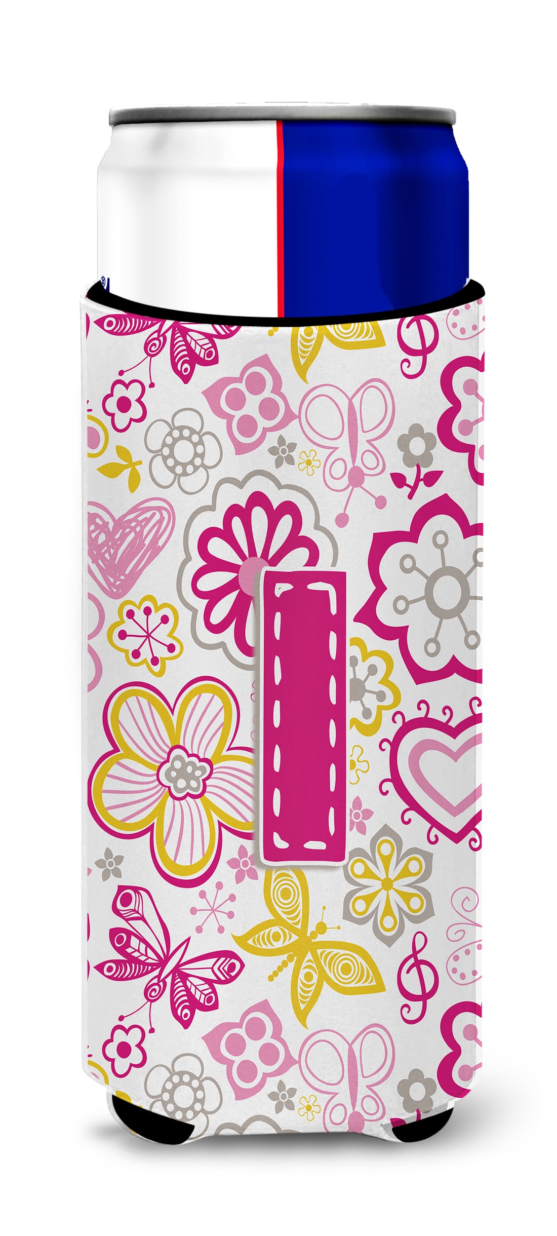 Letter I Flowers and Butterflies Pink Ultra Beverage Insulators for slim cans CJ2005-IMUK.
