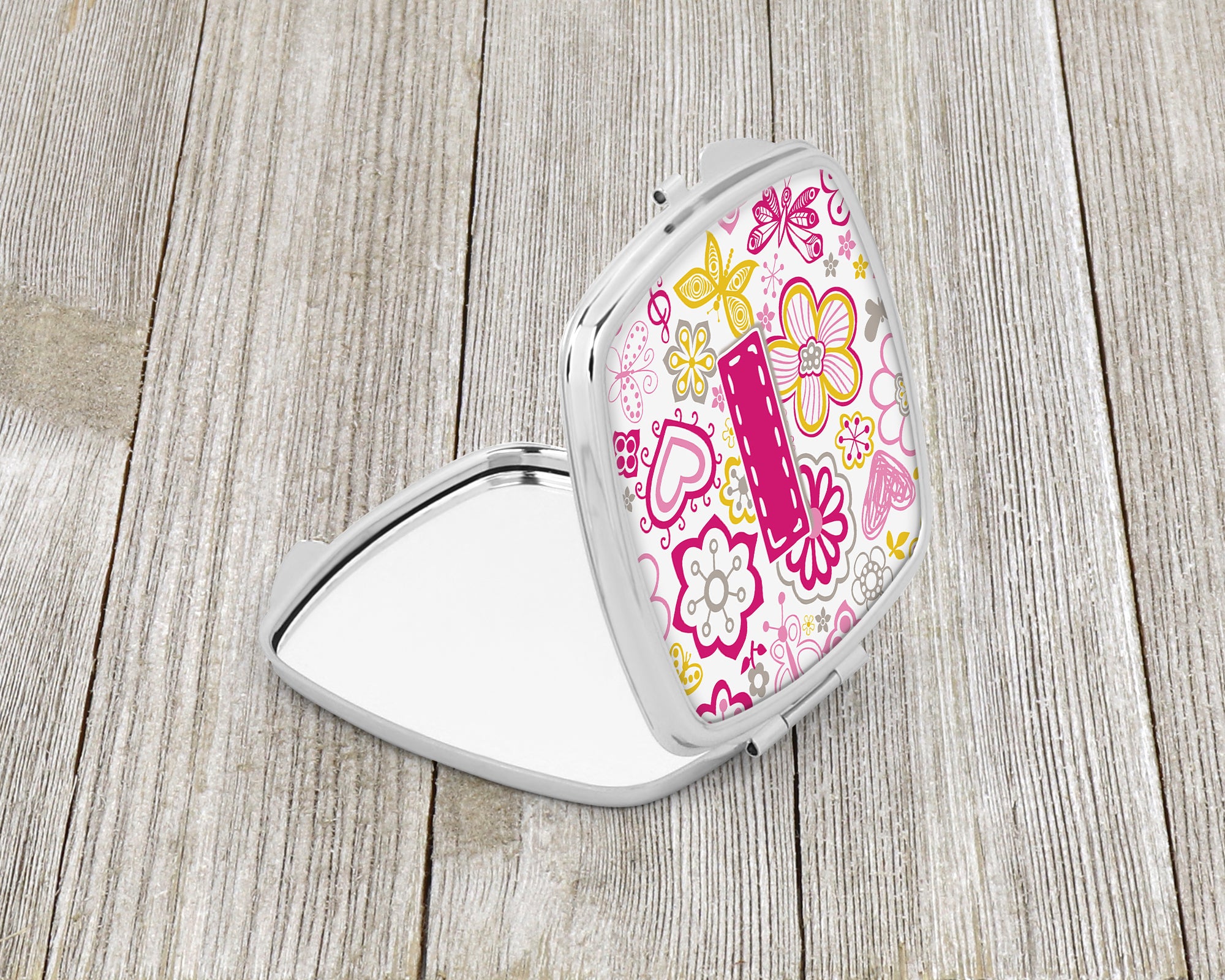 Caroline's Treasures Letter I Flowers and Butterflies Pink Compact Mirror – Stylish Purse Mirror with Artistic Covers CJ2005-ISCM