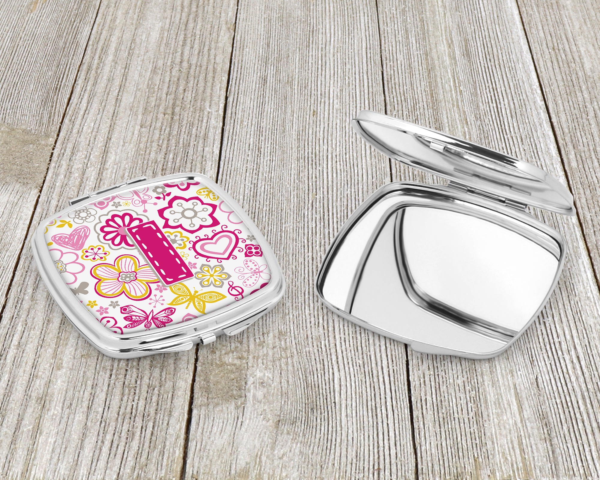 Letter I Flowers and Butterflies Pink Compact Mirror CJ2005-ISCM