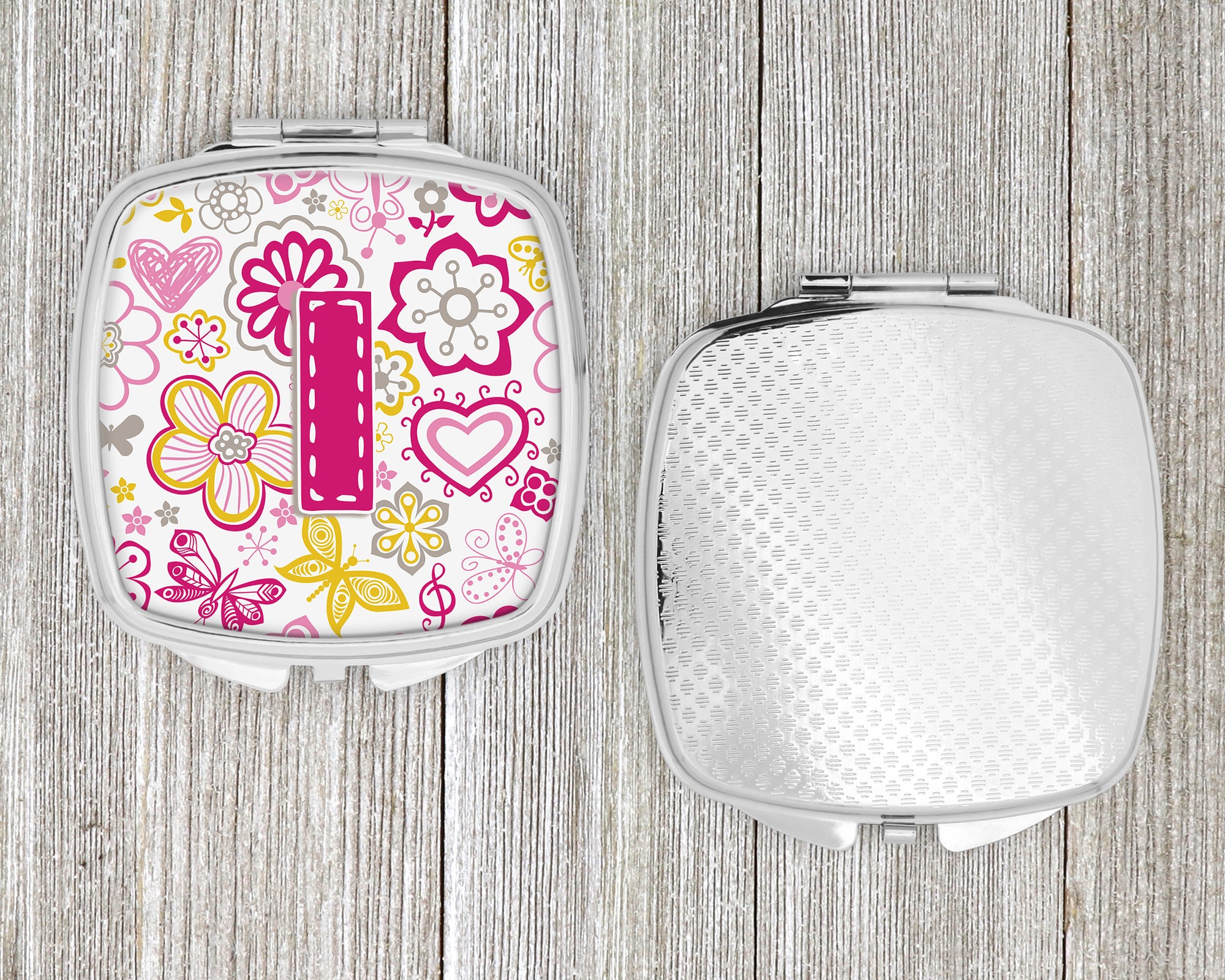 Letter I Flowers and Butterflies Pink Compact Mirror CJ2005-ISCM  the-store.com.