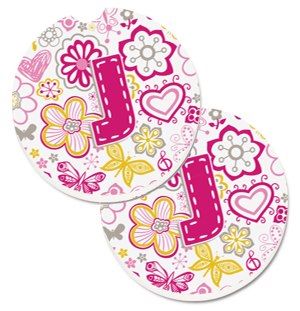 Letter J Flowers and Butterflies Pink Set of 2 Cup Holder Car Coasters CJ2005-JCARC by Caroline&#39;s Treasures