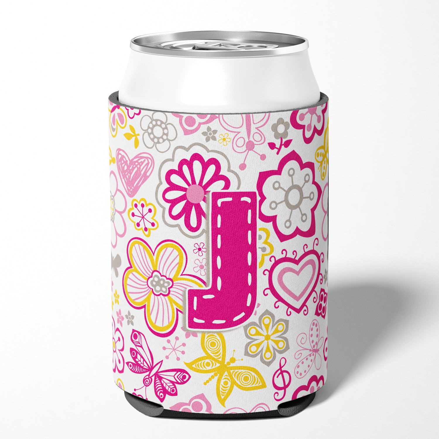 Letter J Flowers and Butterflies Pink Can or Bottle Hugger CJ2005-JCC