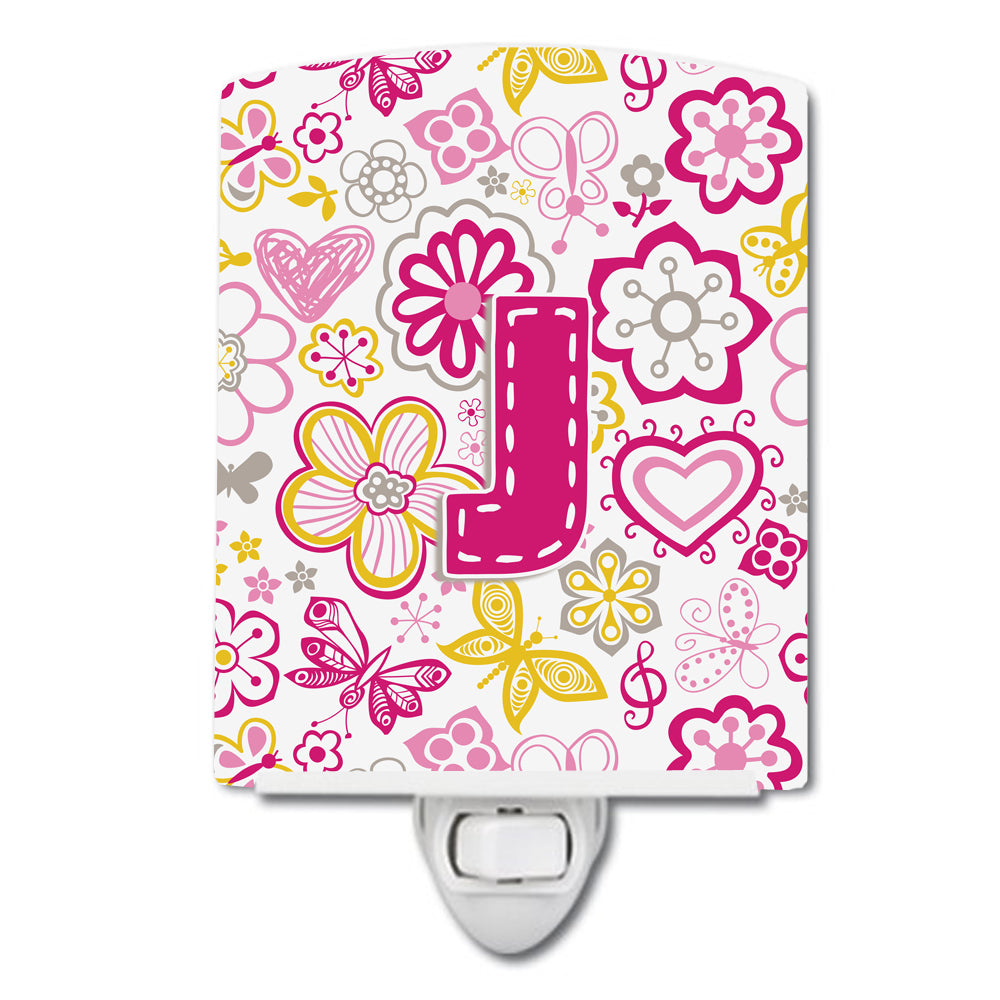 Letter J Flowers and Butterflies Pink Ceramic Night Light CJ2005-JCNL - the-store.com