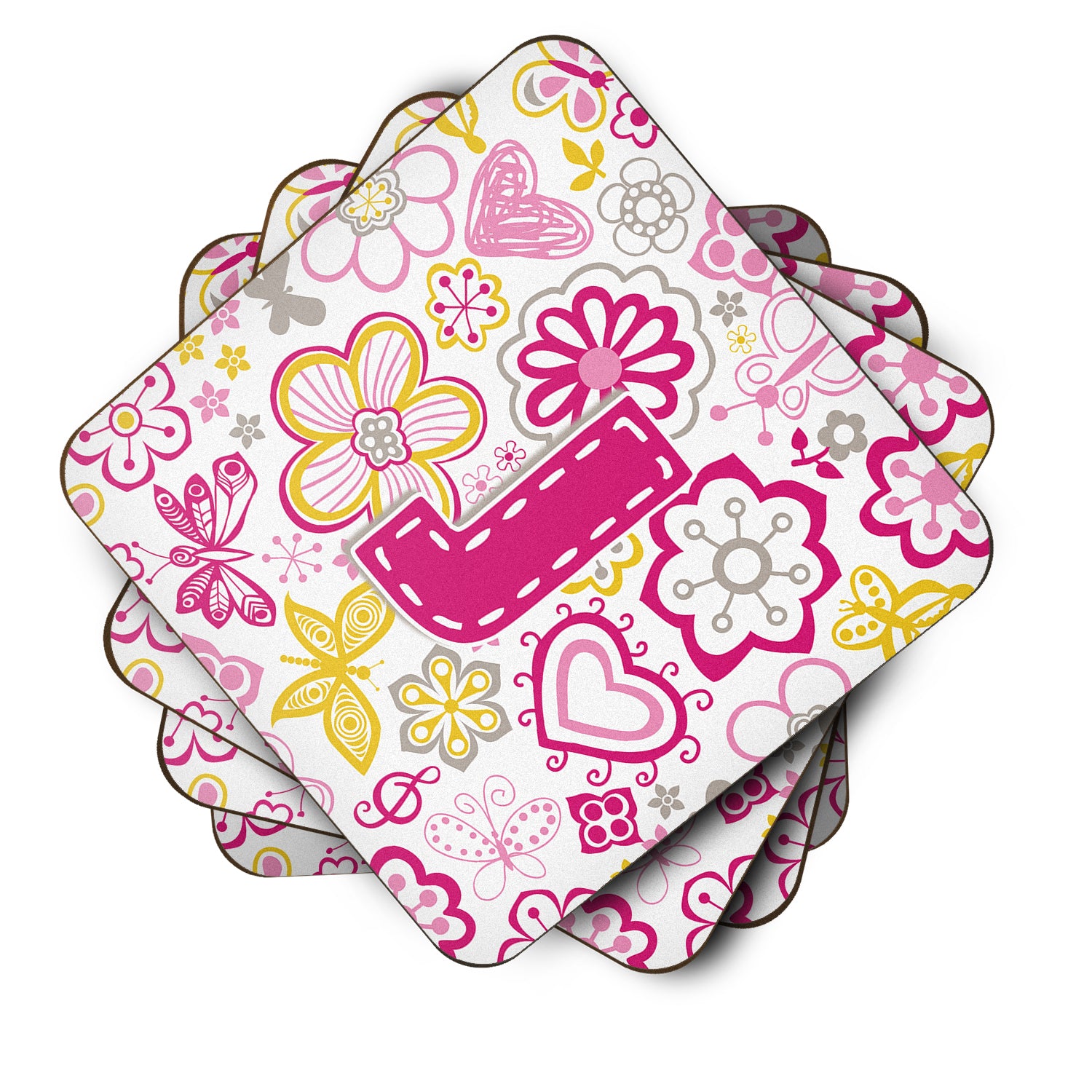 Set of 4 Letter J Flowers and Butterflies Pink Foam Coasters CJ2005-JFC - the-store.com