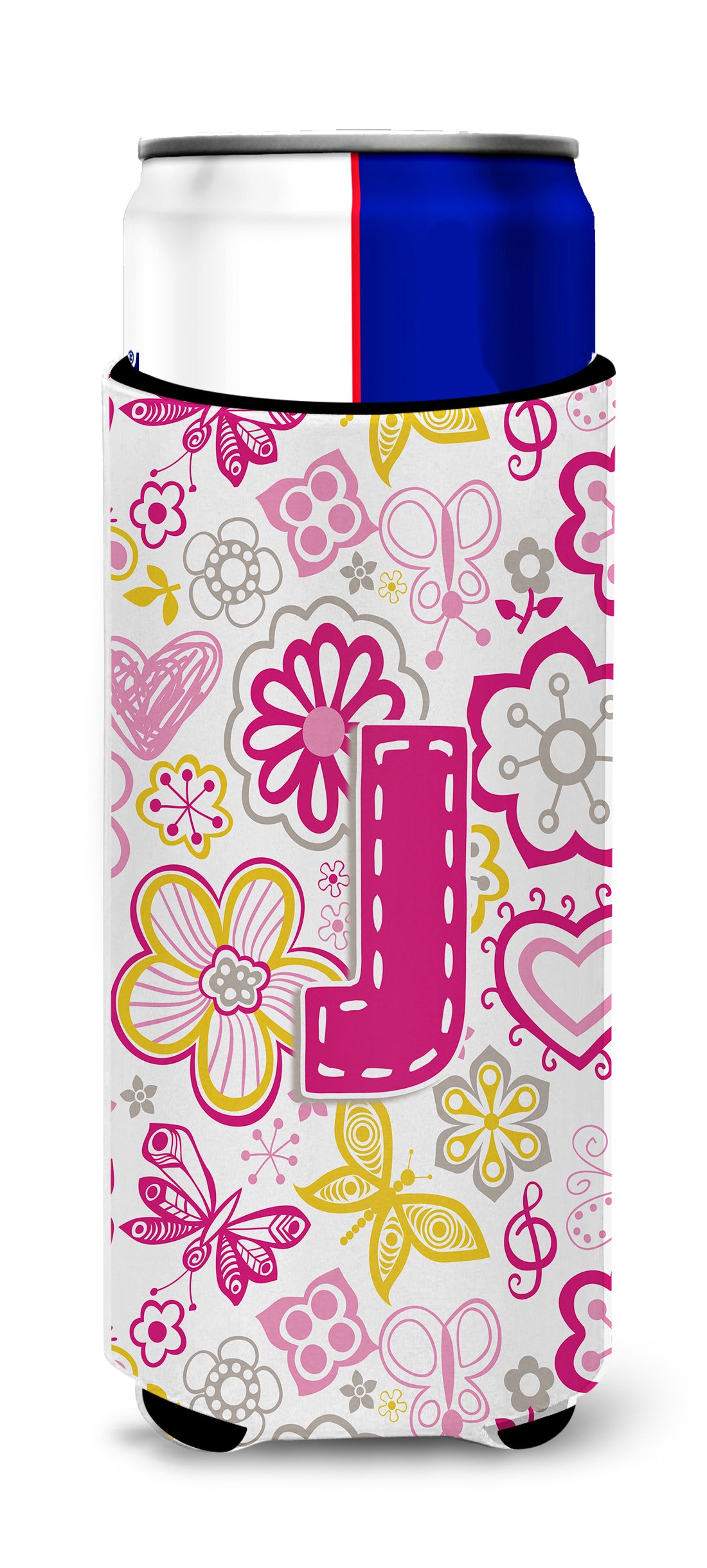Letter J Flowers and Butterflies Pink Ultra Beverage Insulators for slim cans CJ2005-JMUK.