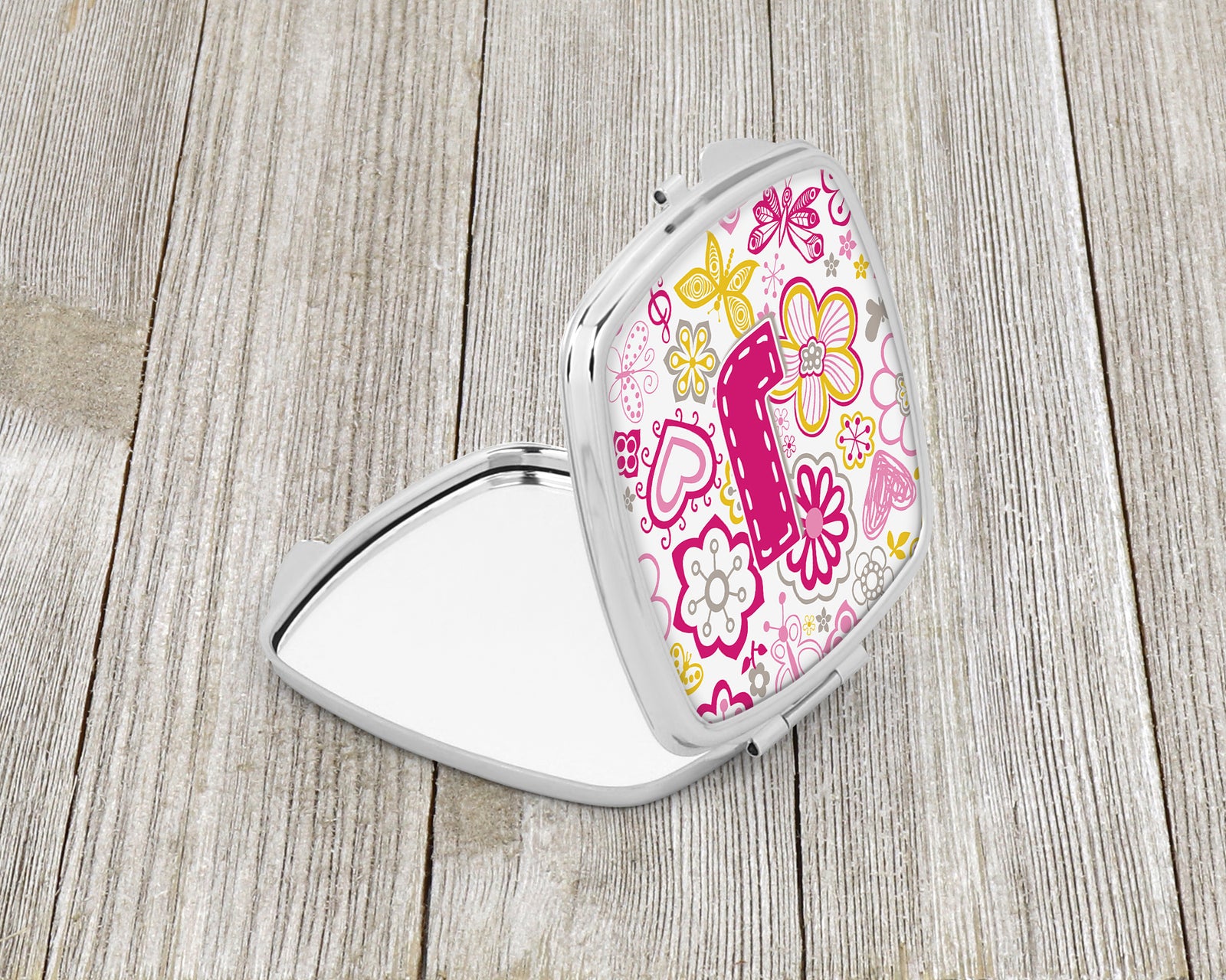 Caroline's Treasures Letter J Flowers and Butterflies Pink Compact Mirror – Stylish Purse Mirror with Artistic Covers CJ2005-JSCM