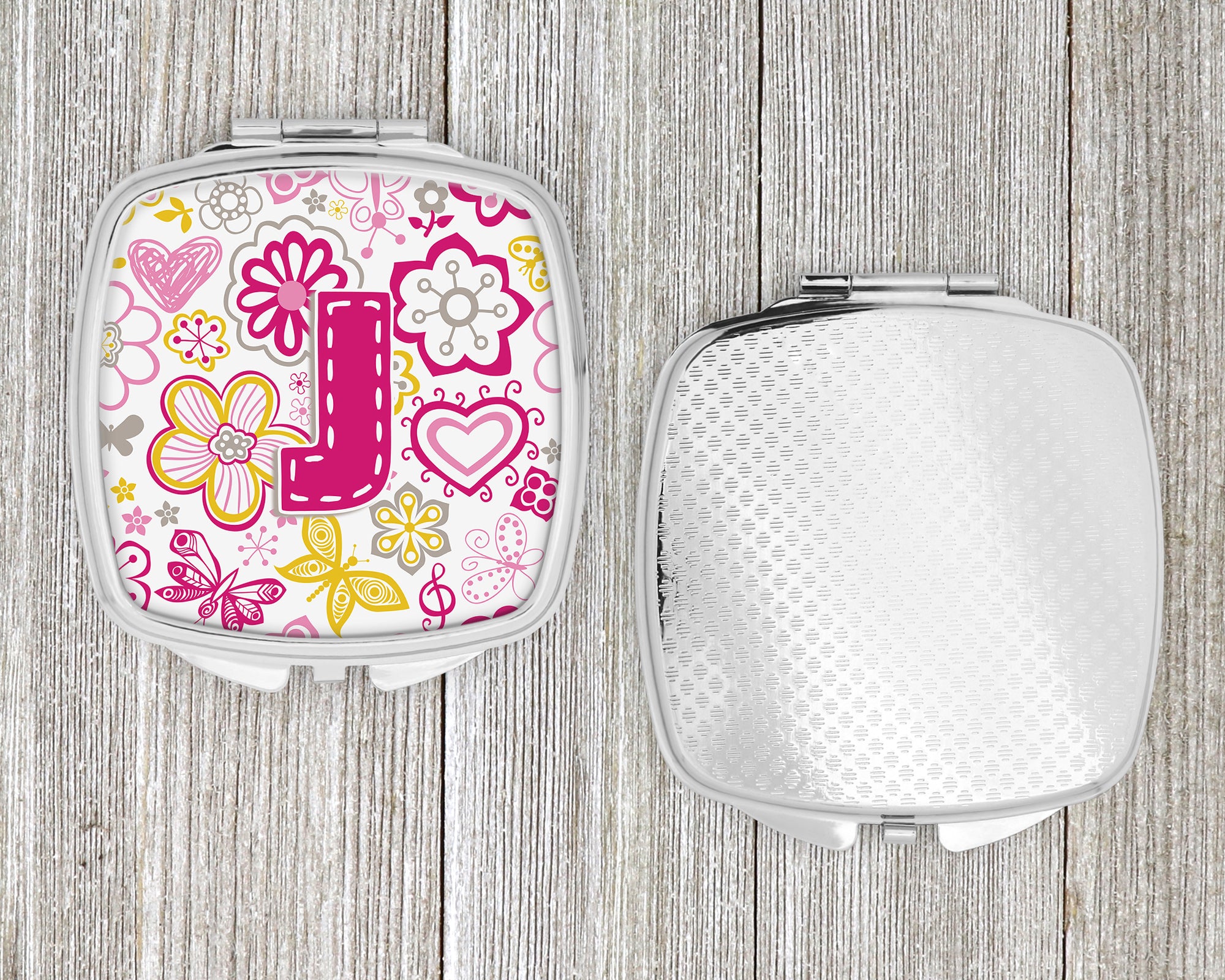 Letter J Flowers and Butterflies Pink Compact Mirror CJ2005-JSCM  the-store.com.