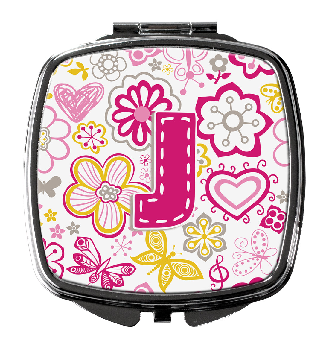 Caroline's Treasures Letter J Flowers and Butterflies Pink Compact Mirror – Stylish Purse Mirror with Artistic Covers CJ2005-JSCM