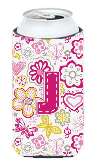 Letter J Flowers and Butterflies Pink Tall Boy Beverage Insulator Hugger CJ2005-JTBC by Caroline&#39;s Treasures
