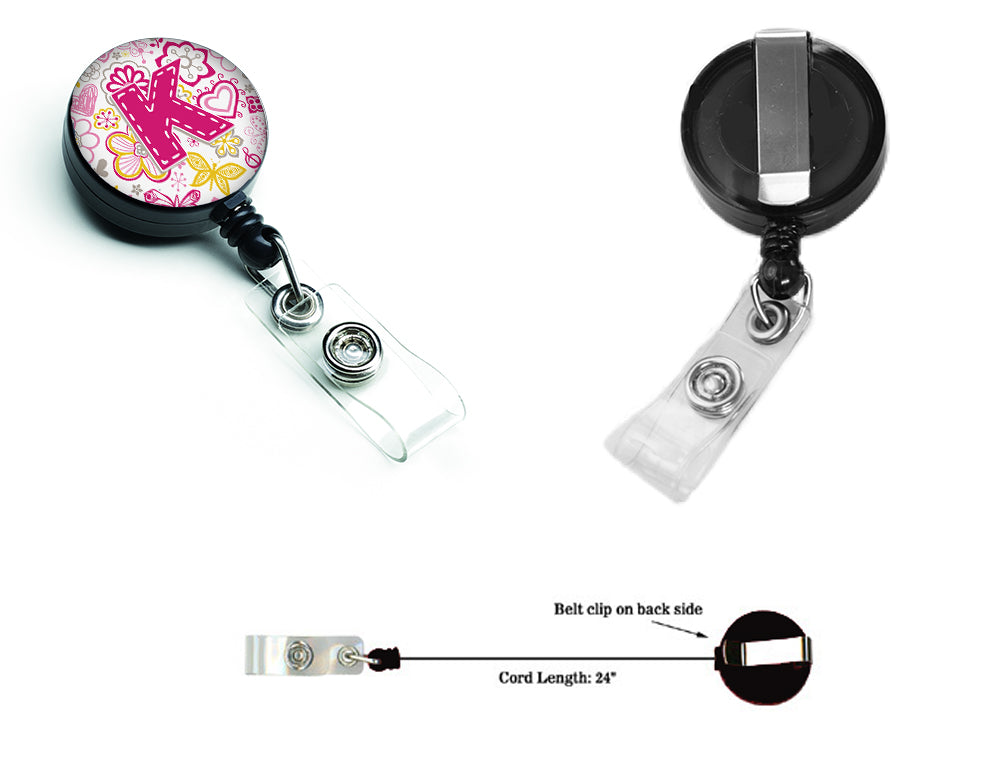 Letter K Flowers and Butterflies Pink Retractable Badge Reel CJ2005-KBR  the-store.com.