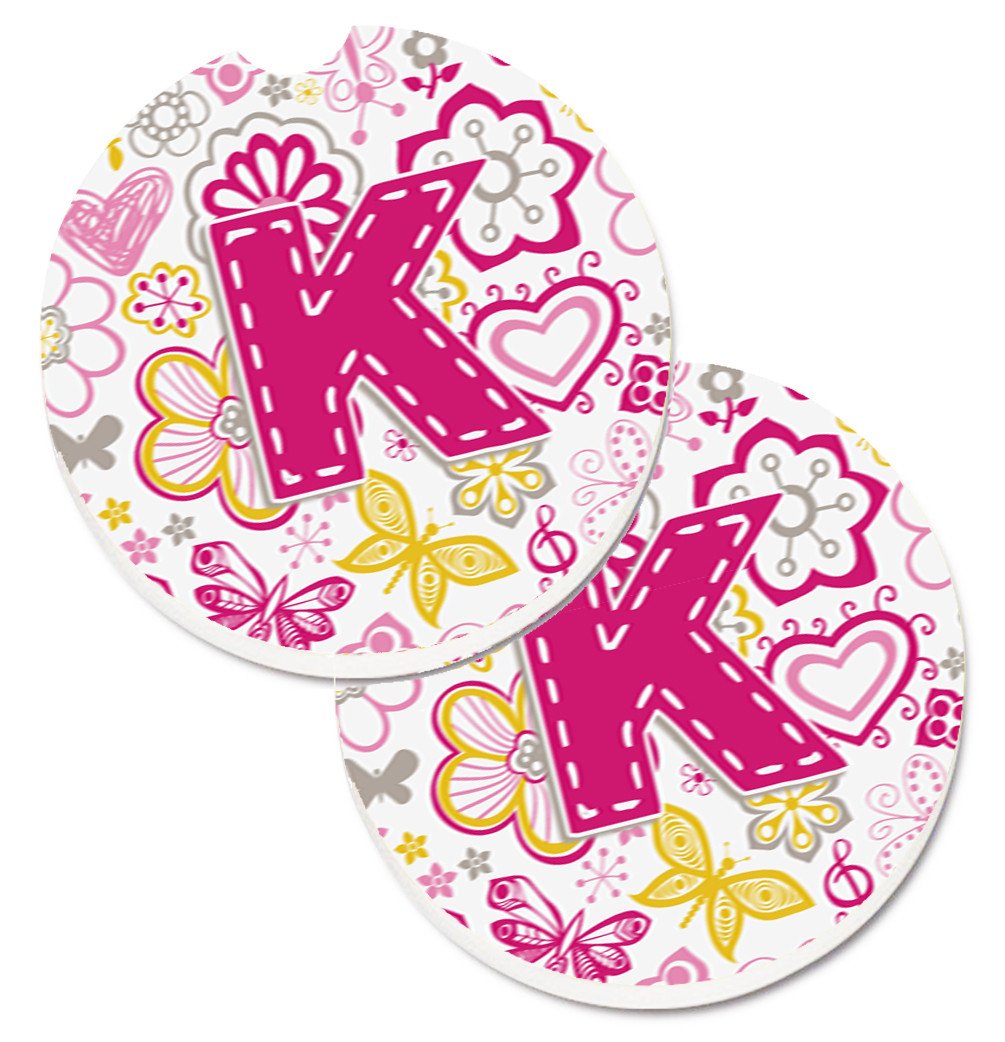 Letter K Flowers and Butterflies Pink Set of 2 Cup Holder Car Coasters CJ2005-KCARC by Caroline&#39;s Treasures