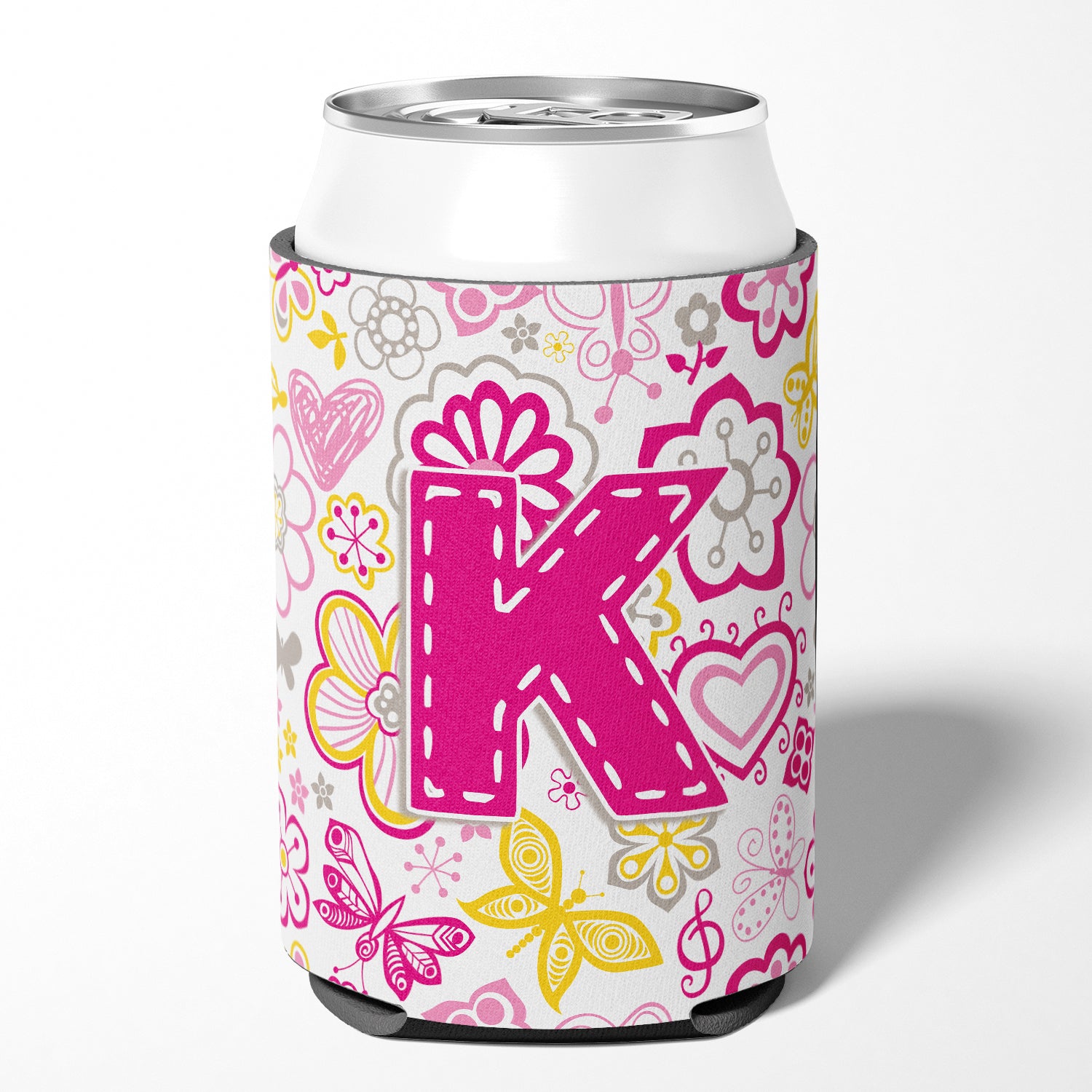 Letter K Flowers and Butterflies Pink Can or Bottle Hugger CJ2005-KCC.