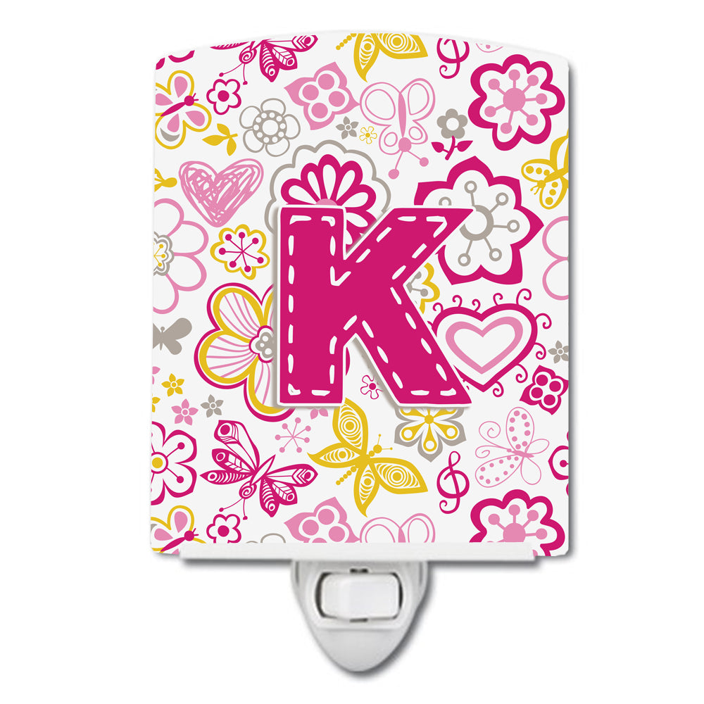 Letter K Flowers and Butterflies Pink Ceramic Night Light CJ2005-KCNL - the-store.com