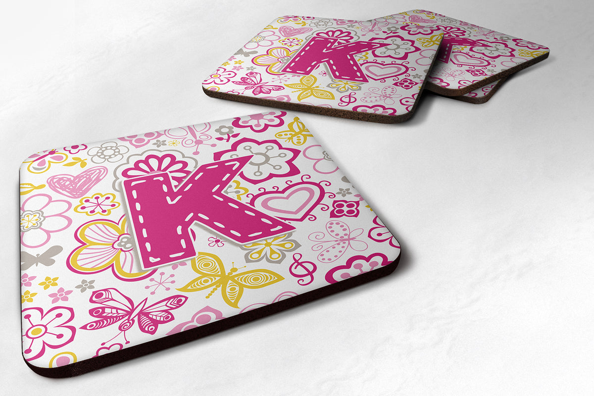 Set of 4 Letter K Flowers and Butterflies Pink Foam Coasters CJ2005-KFC - the-store.com