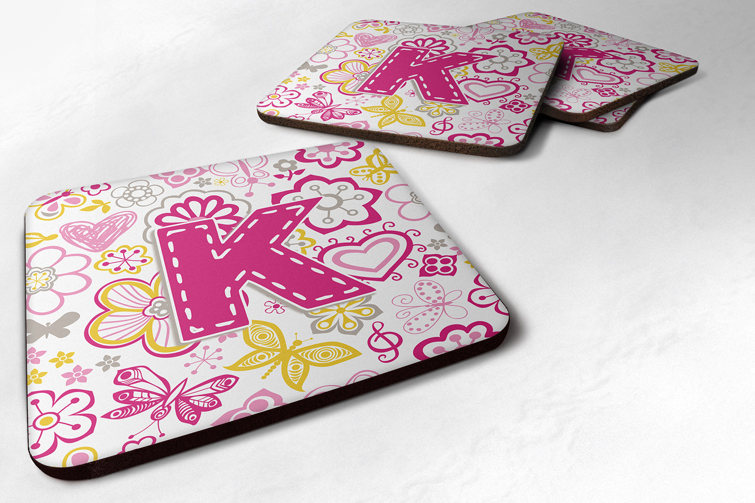 Set of 4 Letter K Flowers and Butterflies Pink Foam Coasters CJ2005-KFC - the-store.com