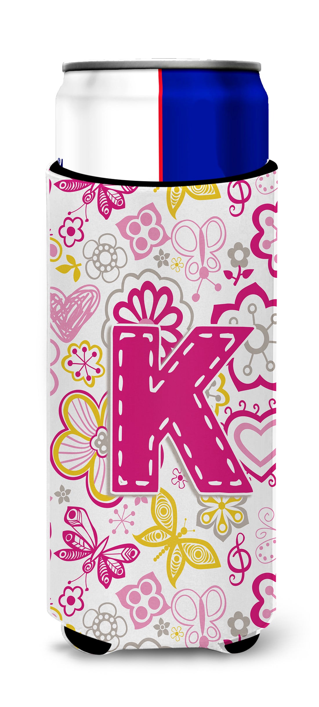Letter K Flowers and Butterflies Pink Ultra Beverage Insulators for slim cans CJ2005-KMUK