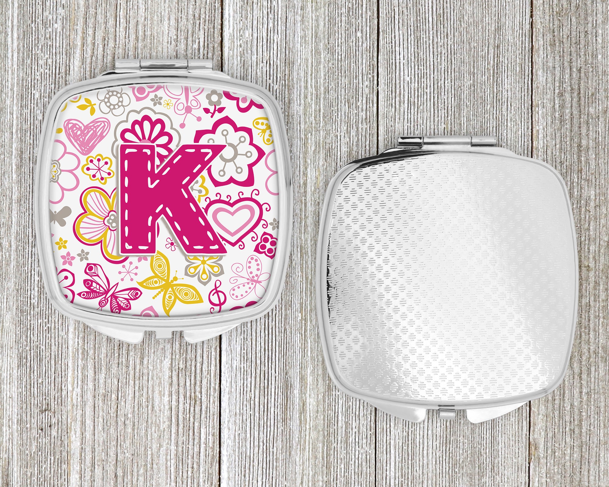Letter K Flowers and Butterflies Pink Compact Mirror CJ2005-KSCM  the-store.com.