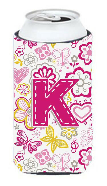 Letter K Flowers and Butterflies Pink Tall Boy Beverage Insulator Hugger CJ2005-KTBC by Caroline&#39;s Treasures