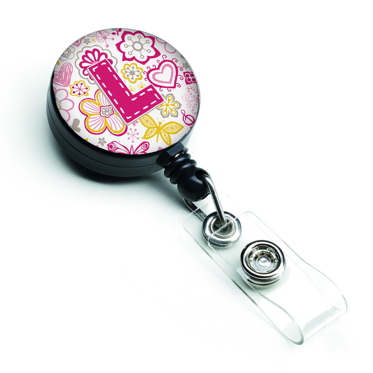 Letter L Flowers and Butterflies Pink Retractable Badge Reel CJ2005-LBR